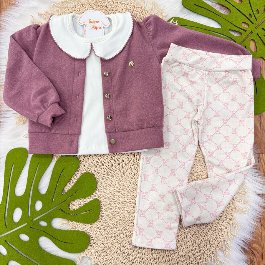 Conj. Casaco Soft, Blusa com Gola Bordada e Calça Legging Ursinhos - Uva e Areia